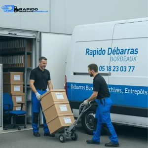 L'équipe Rapido Débarras Bordeaux organisant l'évacuation de mobilier de bureau pour une entreprise à Bordeaux.