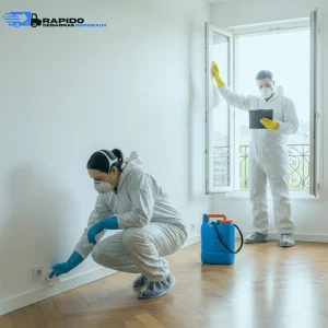 Deux agents spécialisés de Rapido Débarras Gironde en équipement de protection nettoyant un logement très encombré suite à un syndrome de Diogène à Bordeaux.