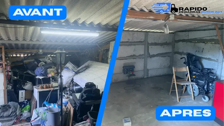 Comparaison avant et après du débarras d'une maison à Bordeaux : à gauche un espace encombré, à droite le même espace vidé et propre par Rapido Débarras Gironde.